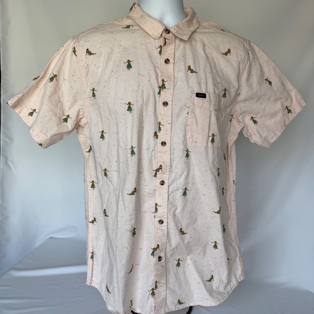 Rip Curl Mens Pink Hula Girl Print Short Sleeve Button Down Shirt Surf Casual Lg